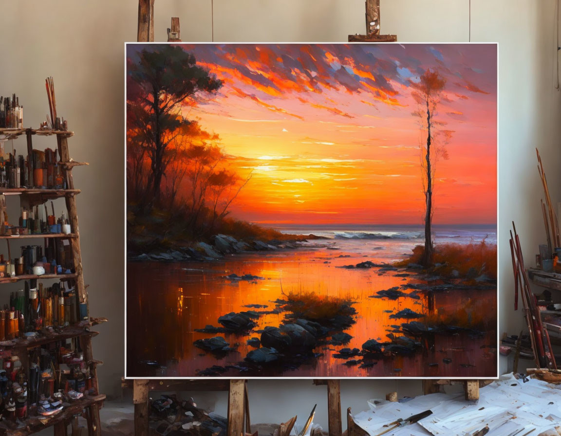 Colorful sunset painting with fiery skies reflected in water, showcased in artist's studio