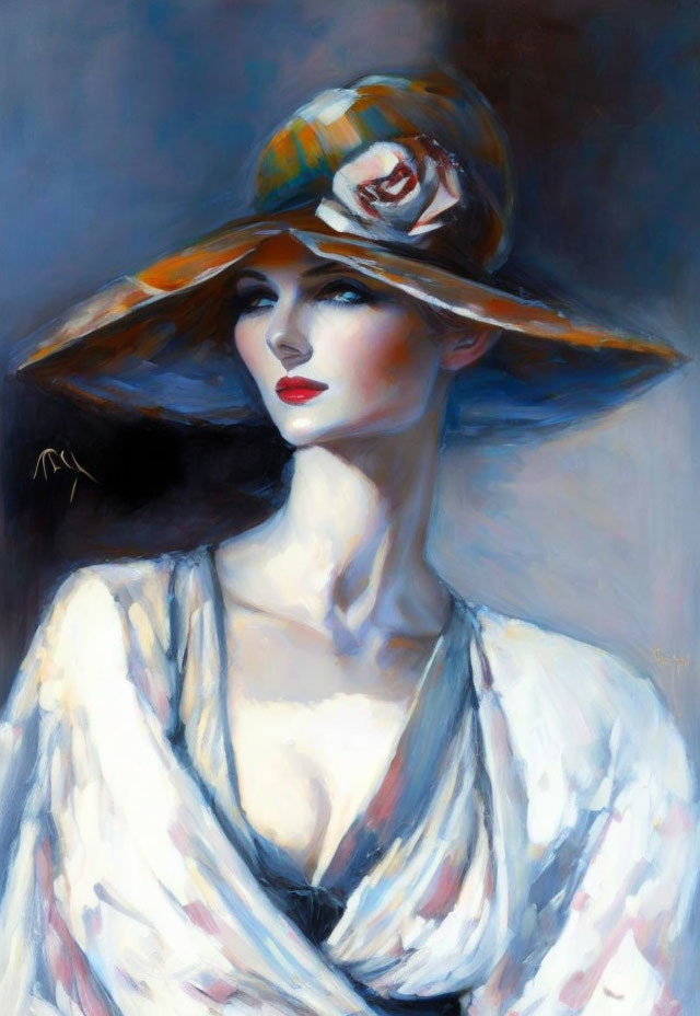 Portrait of woman with striking blue eyes in elegant hat and white garment, painted with impressionistic brushst