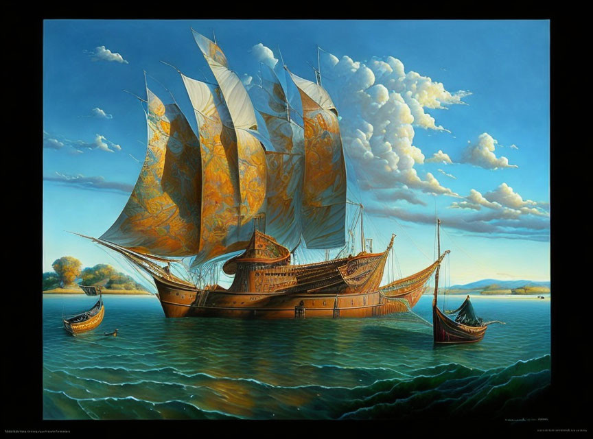 Majestic ship with full sails on the sea surrounded by smaller boats