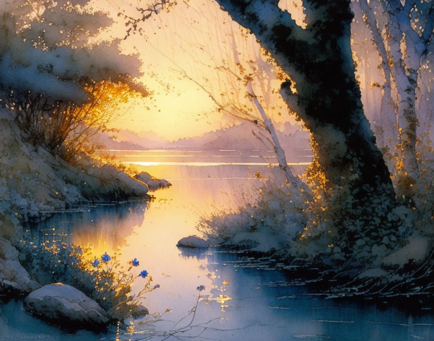 Winter sunset over snow-covered lake with bare trees and blue flowers