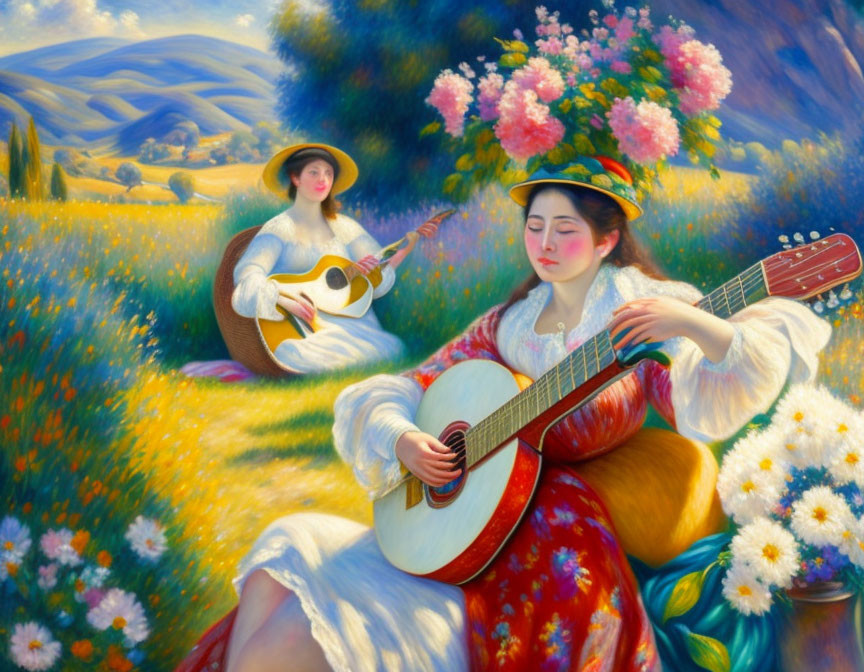 Two women playing guitar in vibrant floral meadow