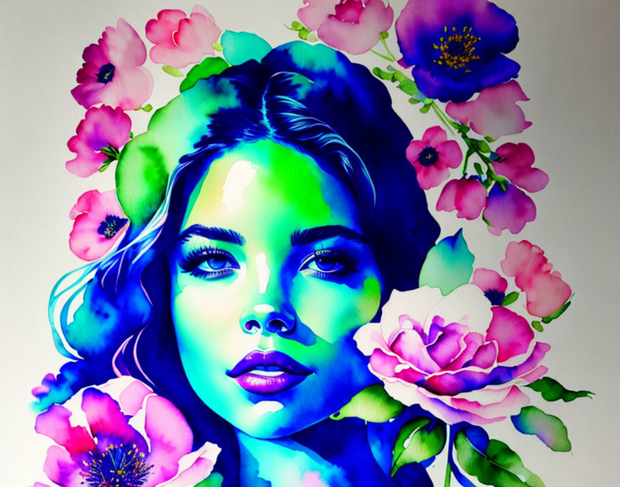 Colorful Woman's Face Artwork with Blue Skin and Flowers on Dark Background