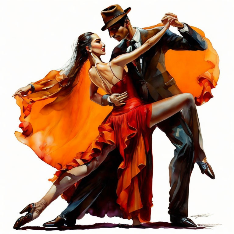 Illustrated couple dancing tango in orange dress and suit.