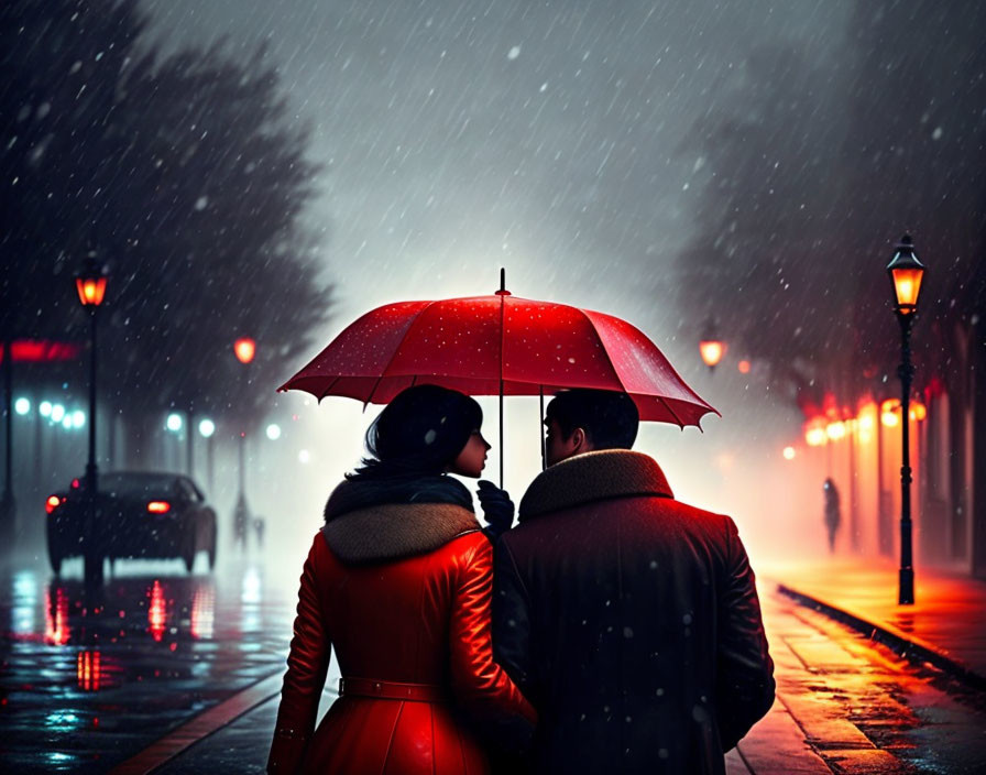 Couple under red umbrella in rainy evening with glowing streetlamps and car headlights.