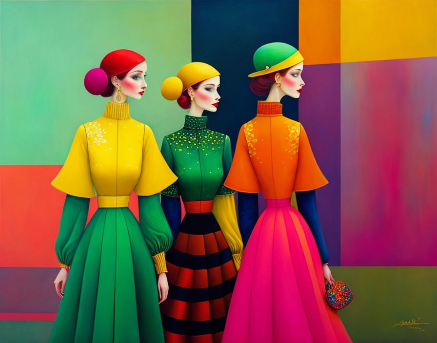 Elegantly dressed women in colorful outfits against vibrant geometric backdrop