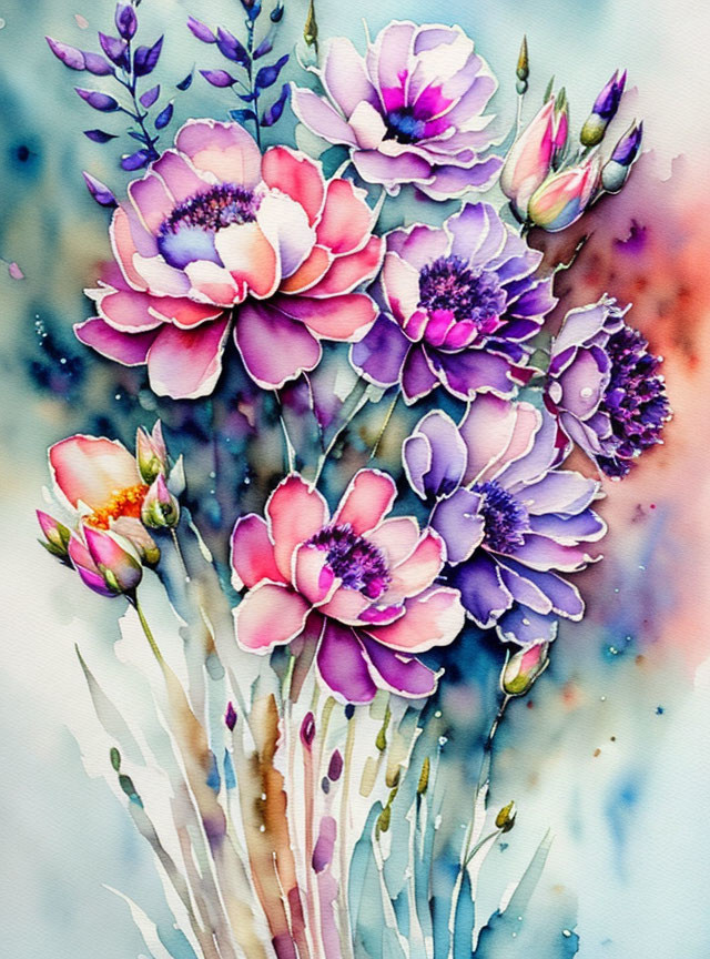 Colorful Watercolor Painting of Purple and Pink Flowers Bouquet