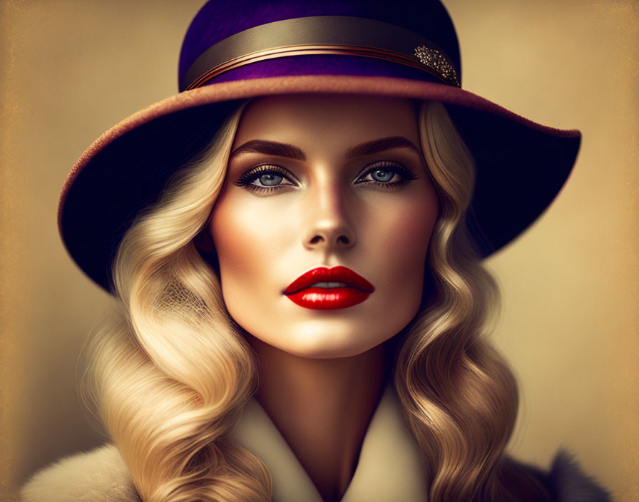 Stylized portrait of woman with blue eyes, red lipstick, fashionable hat