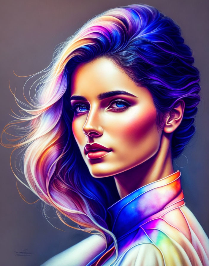 Colorful digital portrait of a woman with multicolored hair and blue eyes on purple backdrop