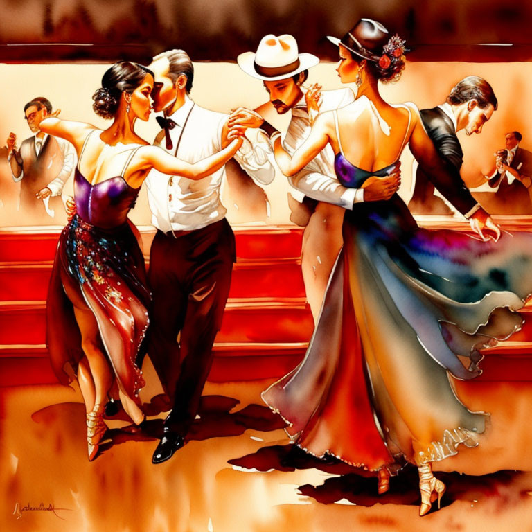 Formal Attired Couples Tango on Red Dance Floor