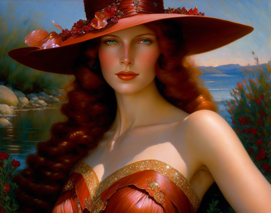 Portrait of Woman with Red Hair, Red Hat, and Coral Dress by Serene Lake