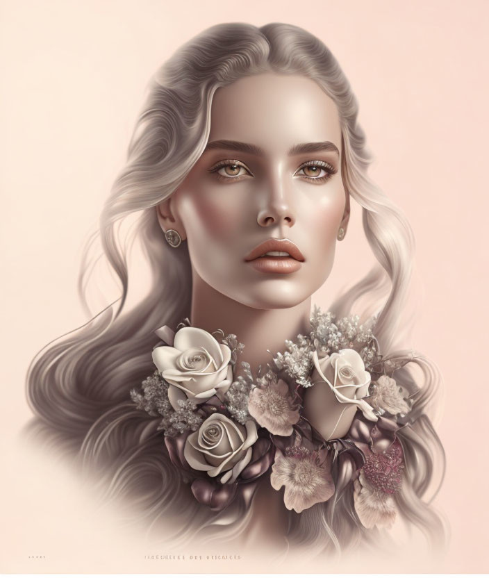 Detailed illustration of woman with flowing hair, neutral makeup, and floral collar.