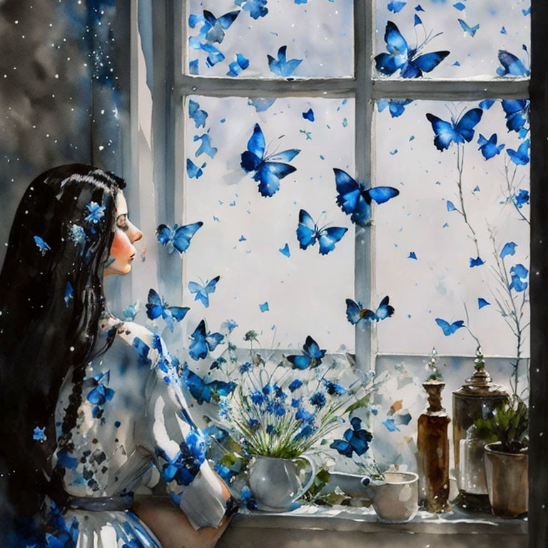 Woman in blue dress with butterflies, flowers, candle, and snowflakes by window