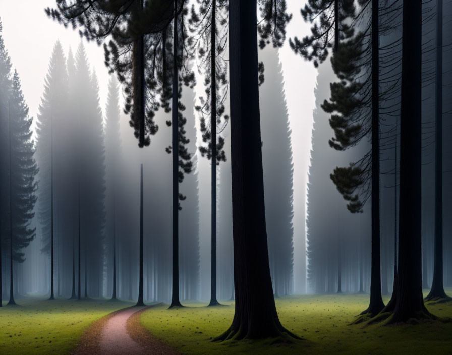 Misty forest with winding path and tall trees