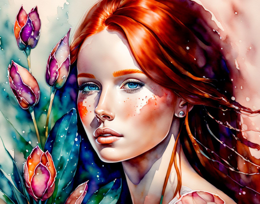 Colorful illustration: woman with red hair, freckles, blue eyes, and purple tulips