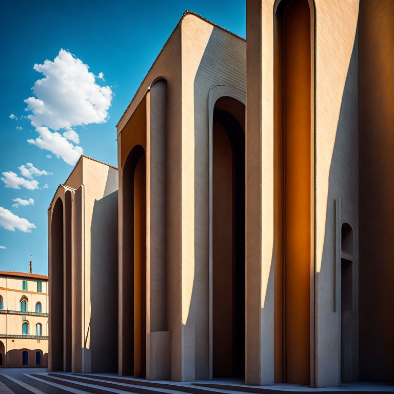 Modern architecture featuring tall, curved beige columns against clear blue sky next to traditional building