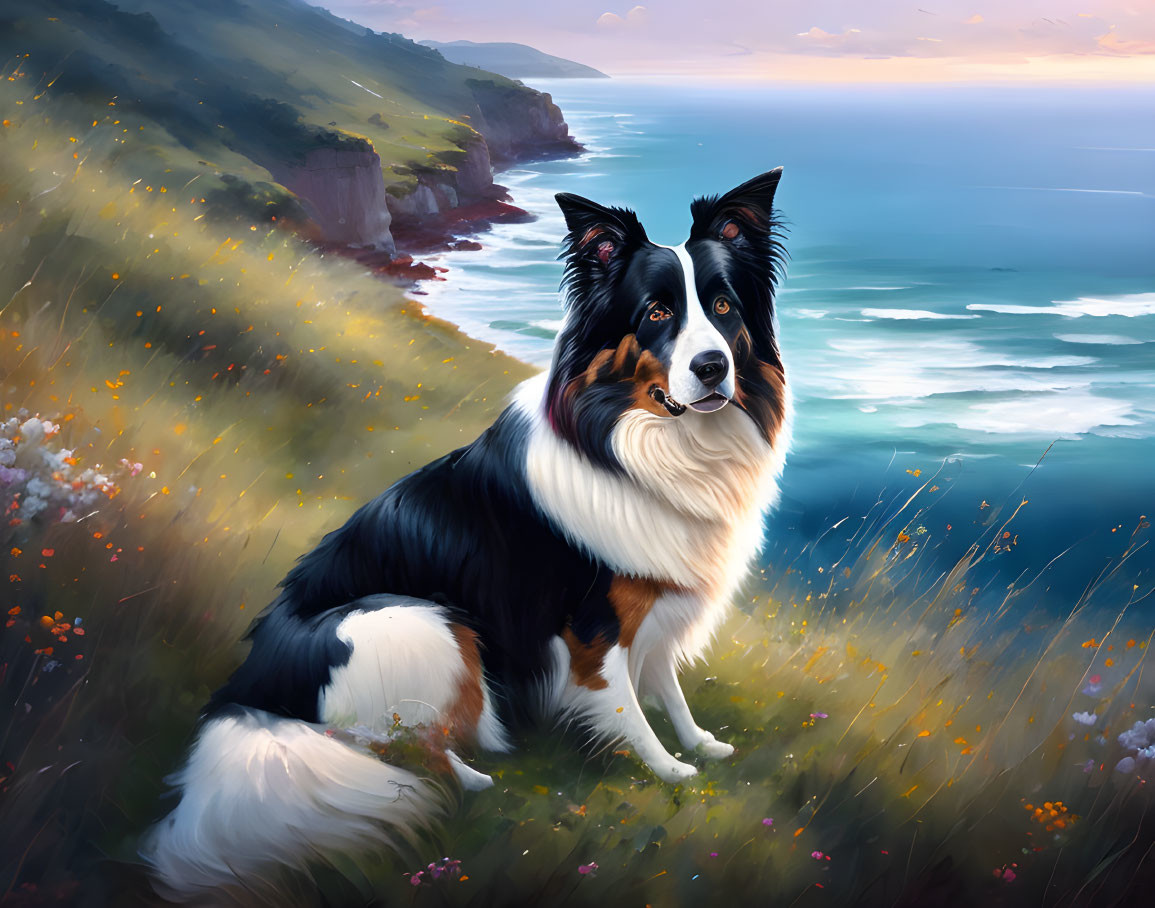 Graceful Border Collie on Cliffside Overlooking Ocean at Sunset