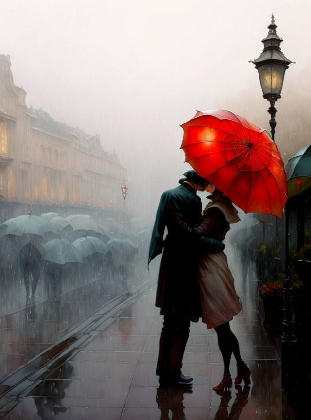 Romantic couple under red umbrella in rainy street with glowing lamps