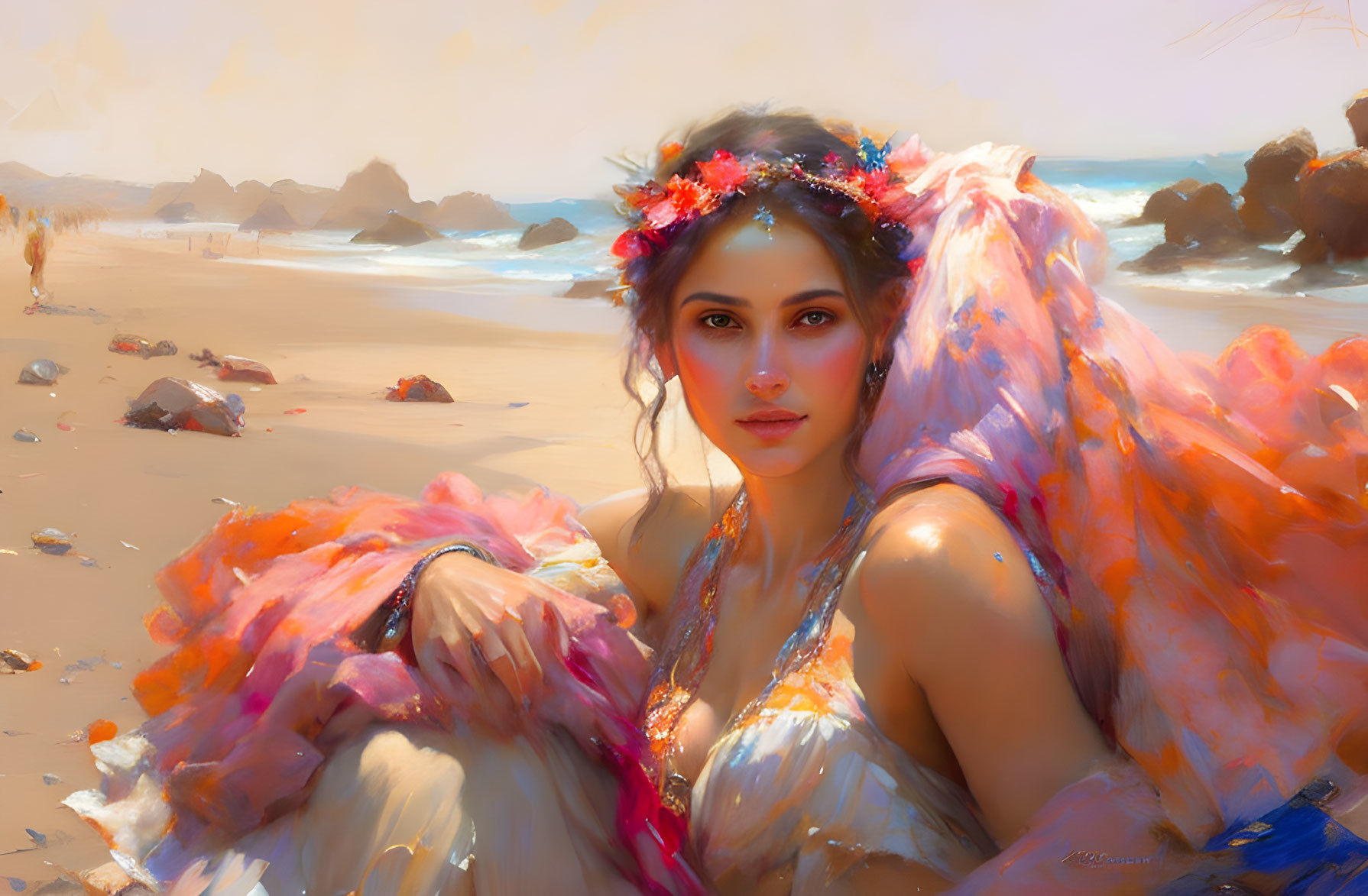 Woman in Floral Headband on Beach in White Dress with Pink Cape