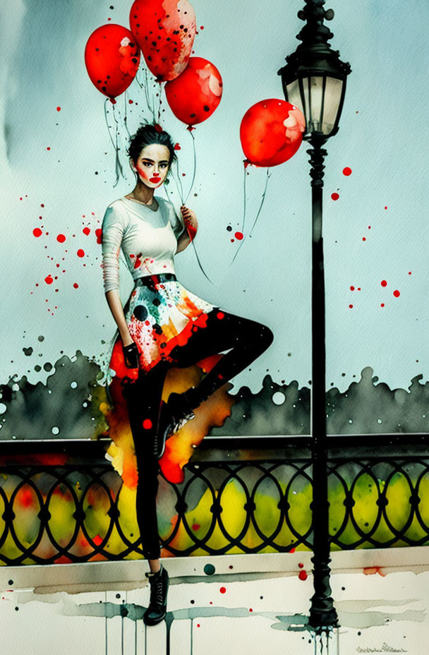 Fashionable Woman with Red Balloons and Watercolor Splashes