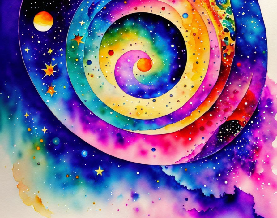 Colorful Cosmic Galaxy Watercolor Painting with Swirling Pattern