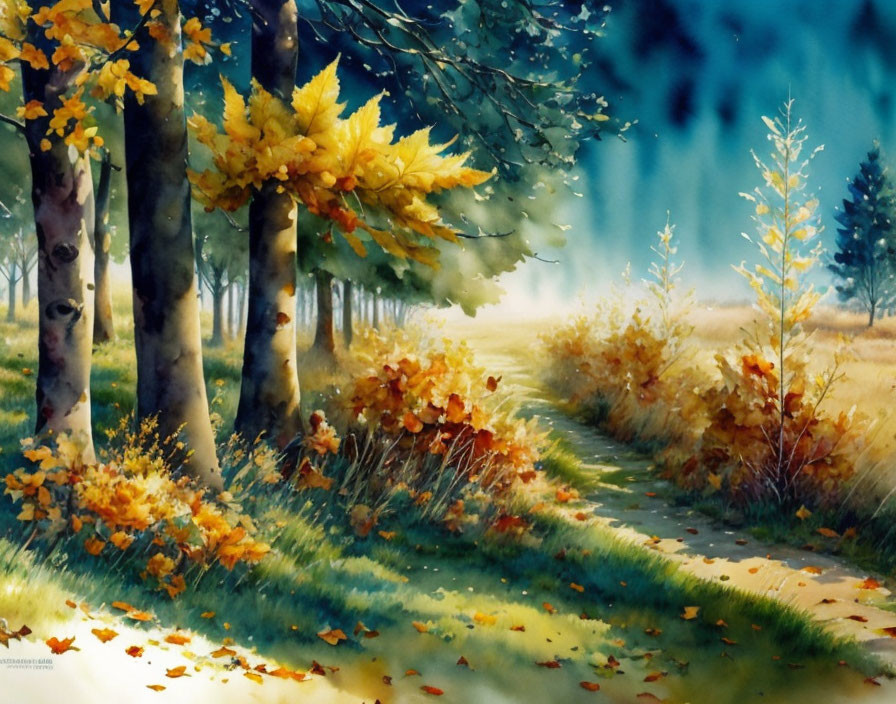 Autumnal pathway painting with vibrant yellow and orange leaves