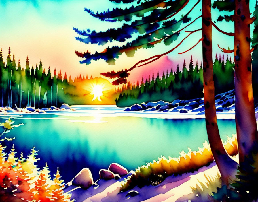 Serene sunset landscape with lake, pine trees, and colorful foliage