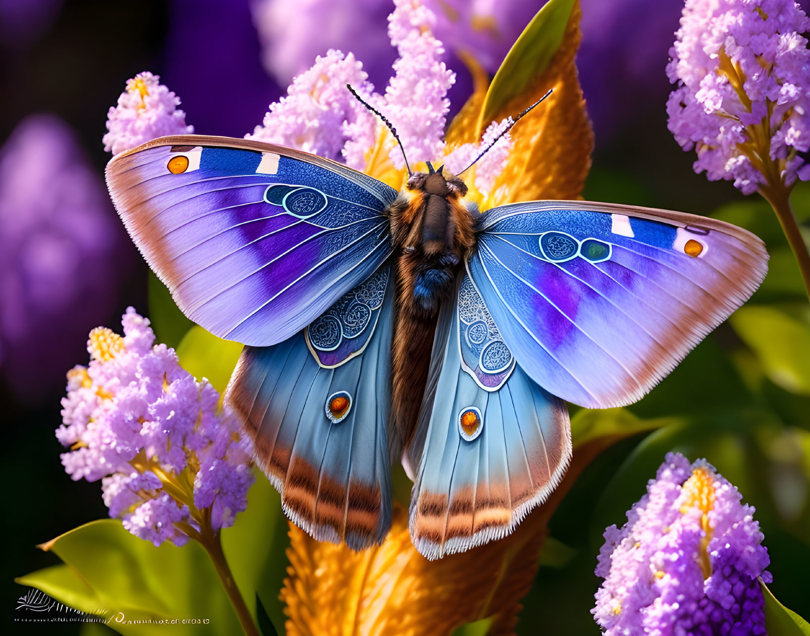 Colorful butterfly on yellow and purple flower in floral setting