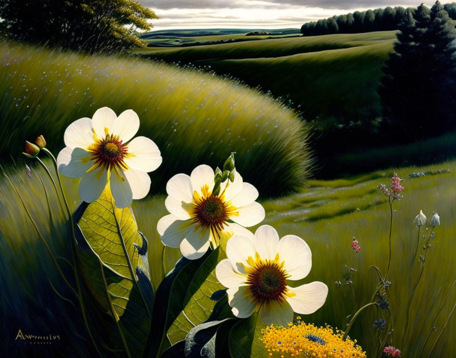 White Flowers Painting Overlooking Green Fields and Soft Sky