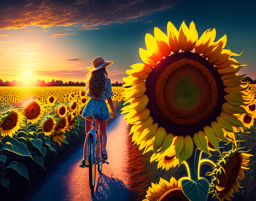 Woman in hat cycling through vibrant sunflower field at sunset with orange and blue sky