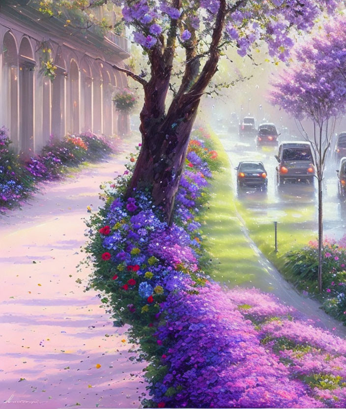 Lush floral street scene with blooming tree and wet road