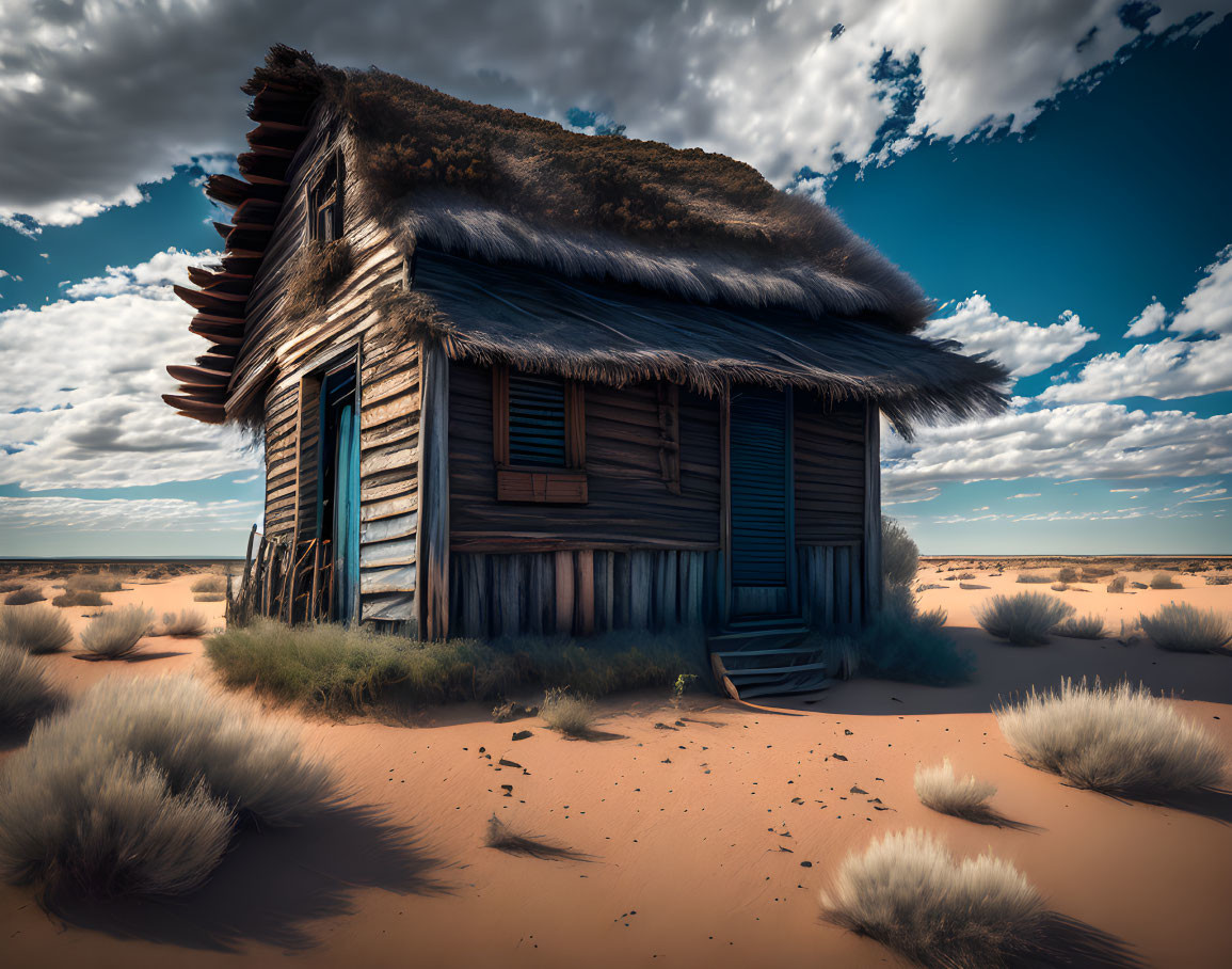 Abandoned thatched-roof house in desert landscape