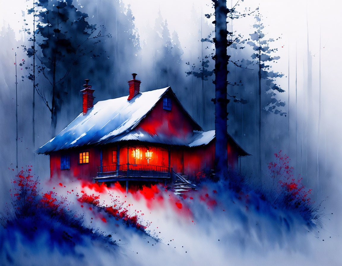 Red cabin in misty blue forest with glowing windows