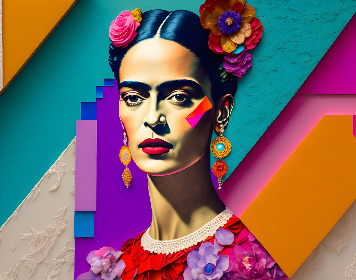 Colorful digital artwork: woman with flower hair, geometric shapes