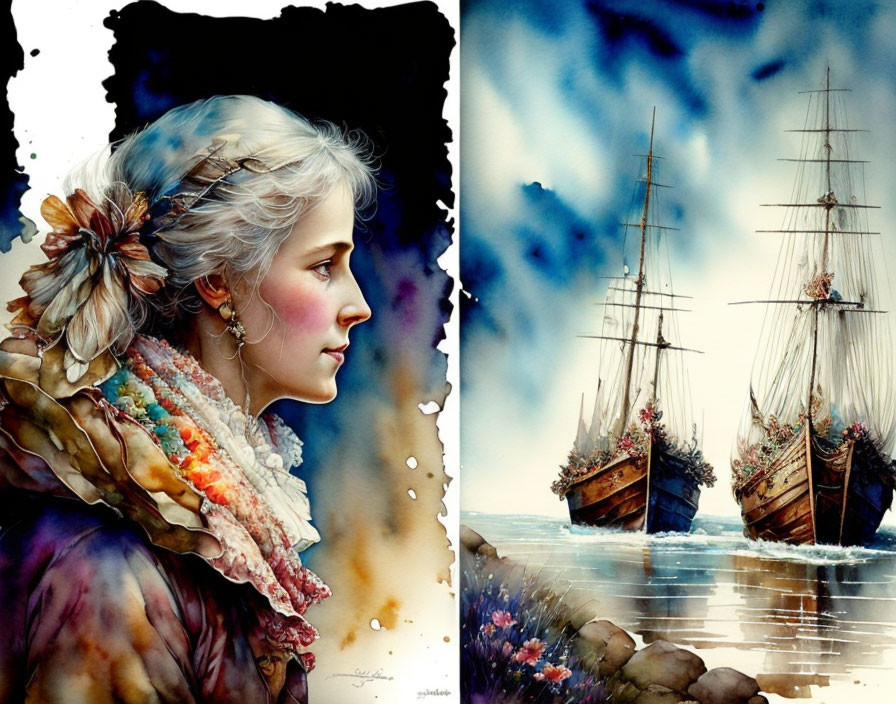 Split image: pensive woman in vintage attire with a flower, tall ships on tranquil sea and vivid