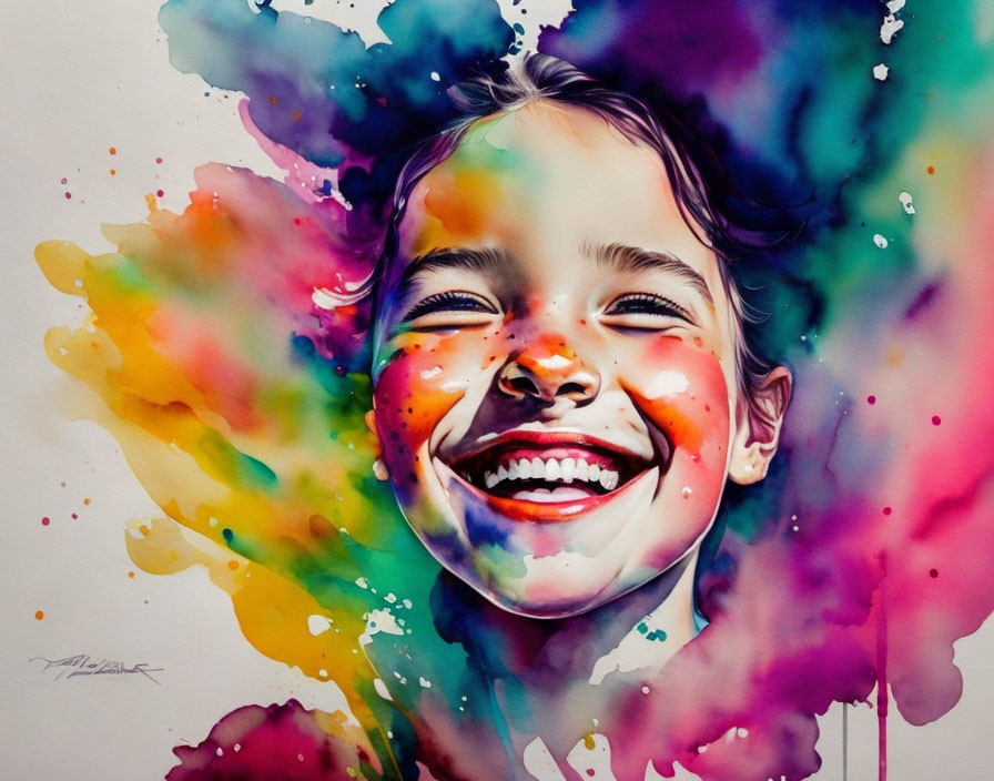 Colorful Watercolor Painting of Smiling Child with Vibrant Splashes