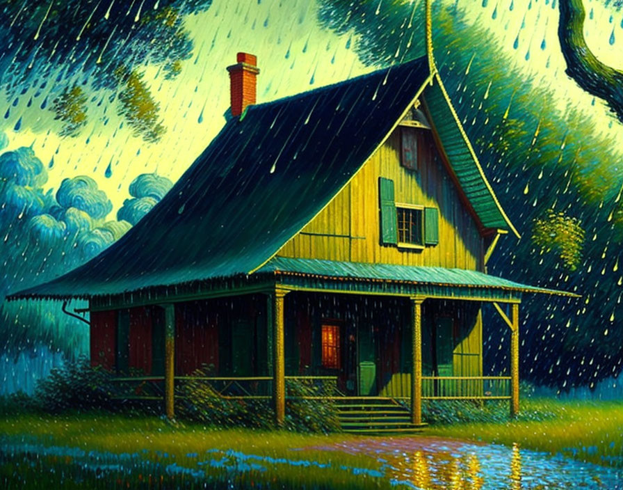 Vibrant illustration of yellow house in rain shower