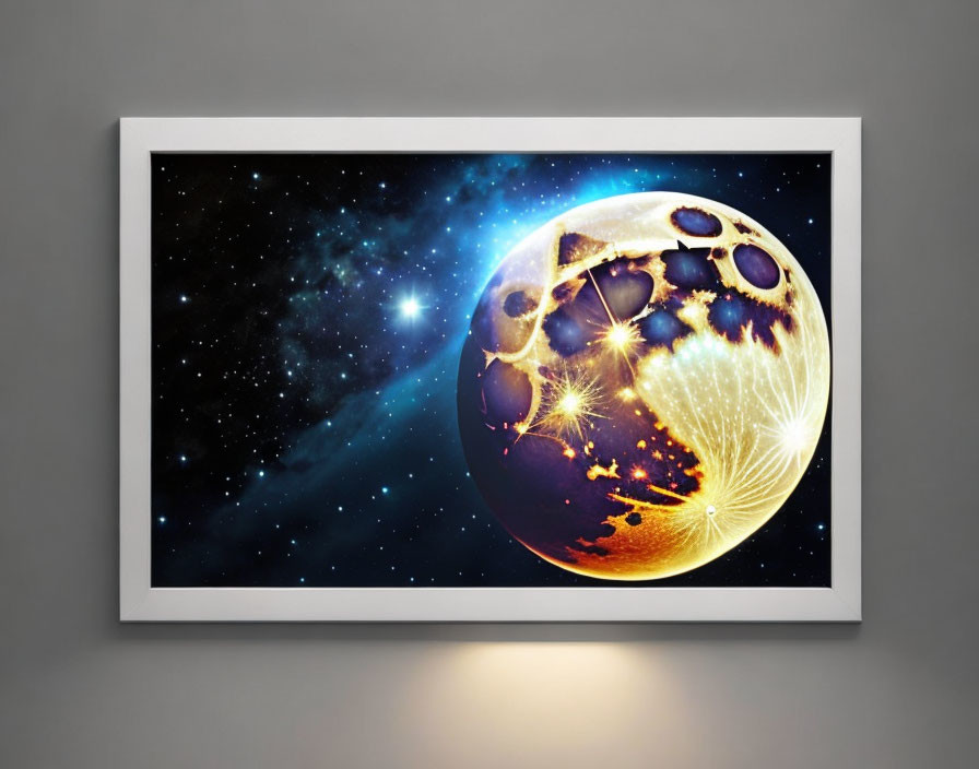 Framed Cosmic Scene: Cratered Golden Planet on Gray Wall