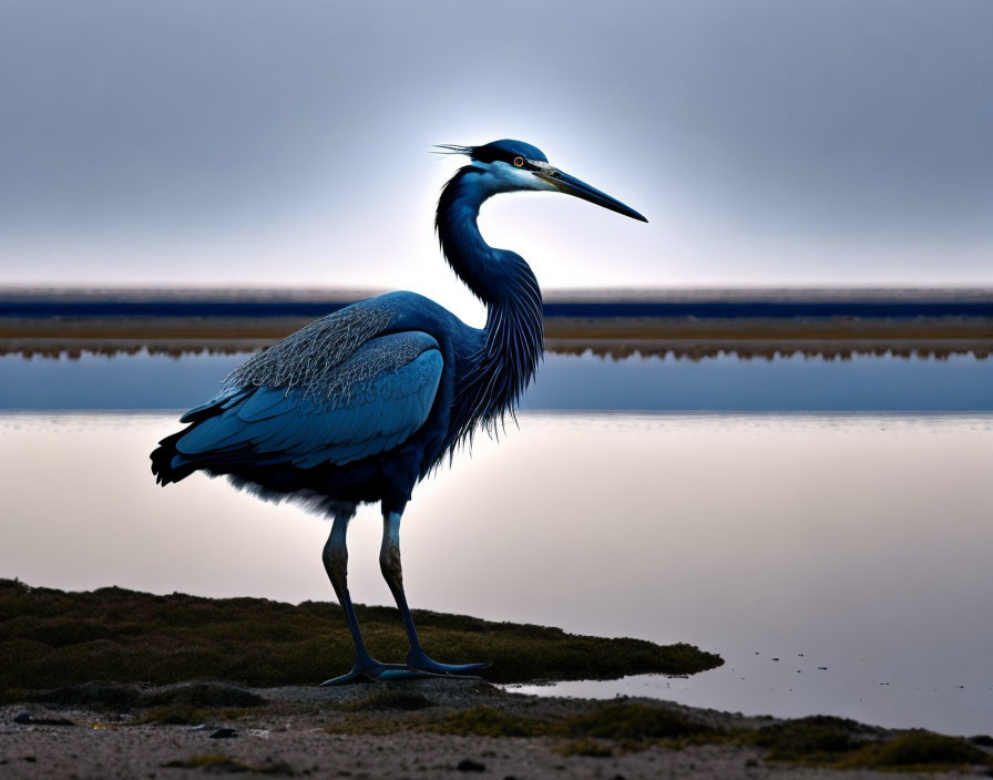 Twilight scene: Blue heron by water's edge with subtle reflection