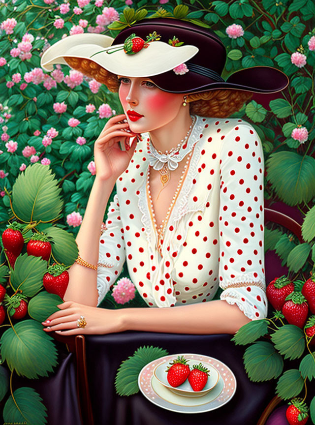 Woman in Polka Dot Dress Surrounded by Strawberry Plants