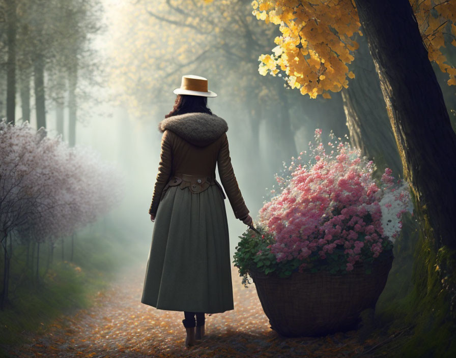 Person in coat and hat on misty tree-lined path with flowers and fallen leaves