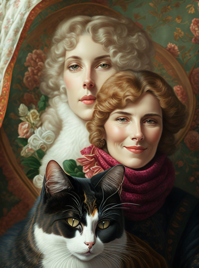 Digital painting featuring two women, classic hairstyles, calico cat, and floral tapestry.