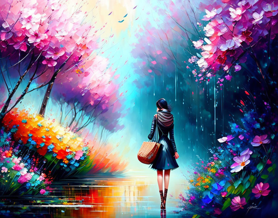 Woman with basket in vibrant, blooming forest under pastel sky