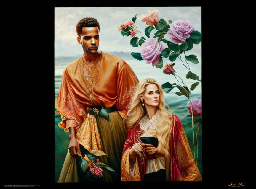 Classical painting of man and woman in ornate attire with ocean and roses.