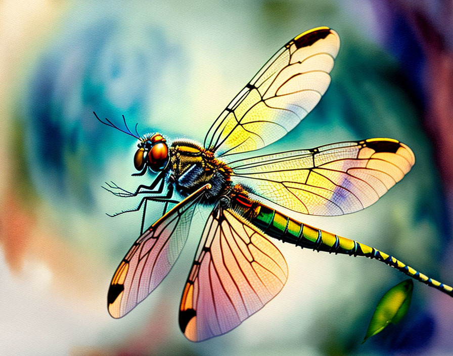 Translucent-winged dragonfly on stem against colorful backdrop