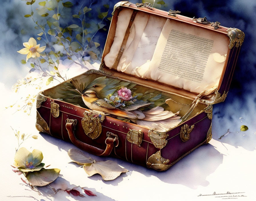 Vintage Suitcase with Bird and Flower Painting Inside surrounded by Petals and Greenery