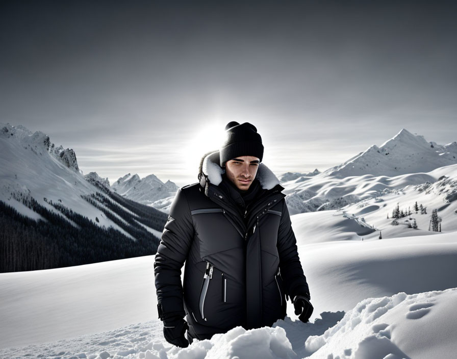 Person in winter jacket and beanie in snow with mountains and sun.