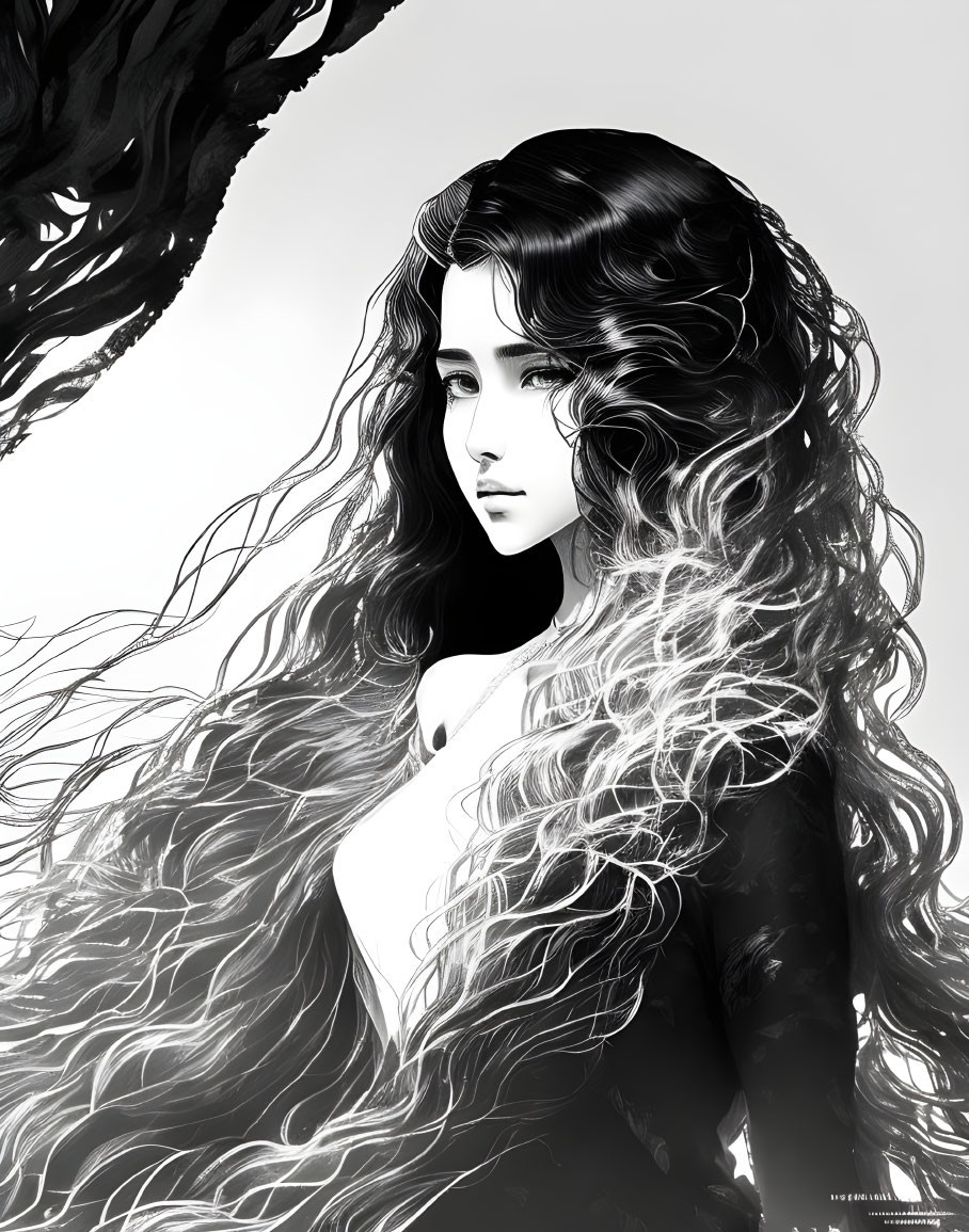 Monochrome digital art of woman with flowing hair against dark tree backdrop