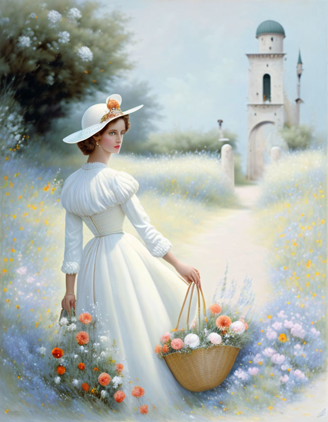 Vintage woman in white dress with flowers near turret building