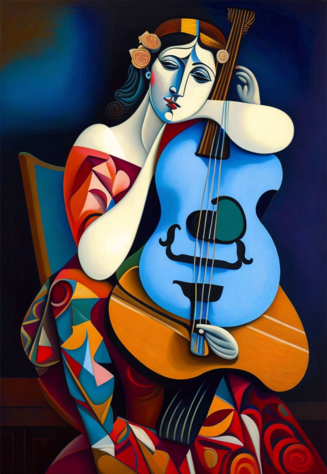 Colorful Cubist-Style Painting of Abstract Female Figure with Guitar