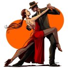 Illustrated couple dancing tango in orange dress and suit.